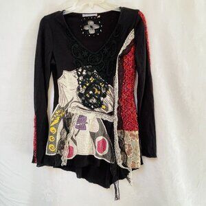 Laura Freeman Mixed Patchwork Blouse Womens Small Goth Abstract Face Festival